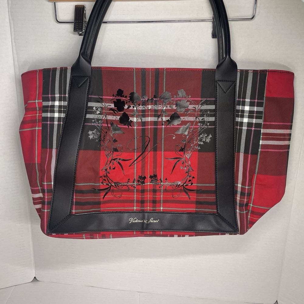 VICTORIA'S SECRET  Holiday Plaid  Red Black Tote "V" logo
